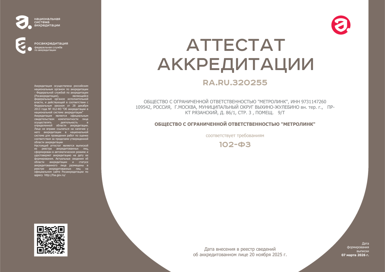 Аттестат аккредитации ООО «Метролинк» RA.RU.320255, выписка от 07.03.2026